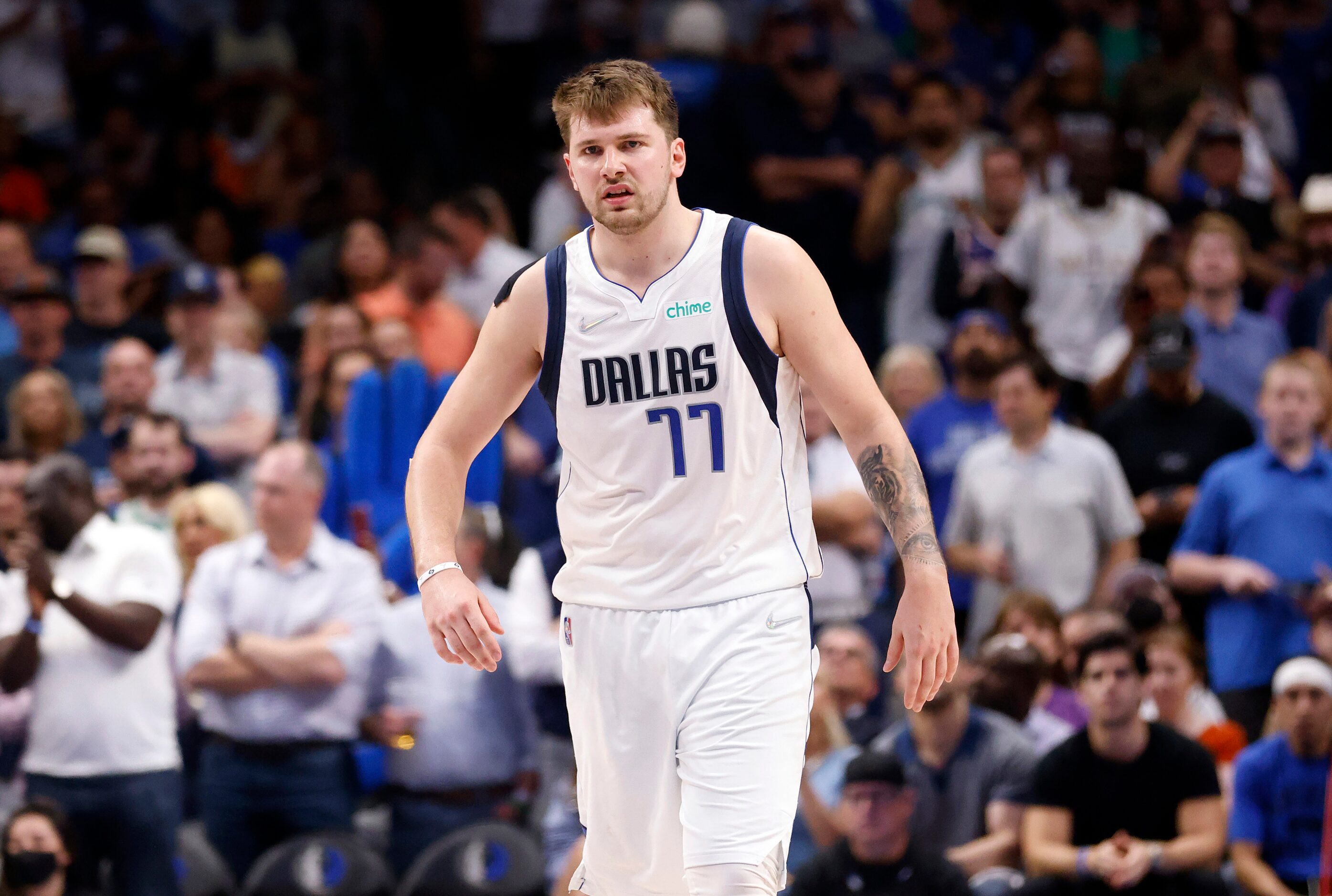 Dallas Mavericks guard Luka Doncic (77) reacts late in the fourth quarter as they pulled...