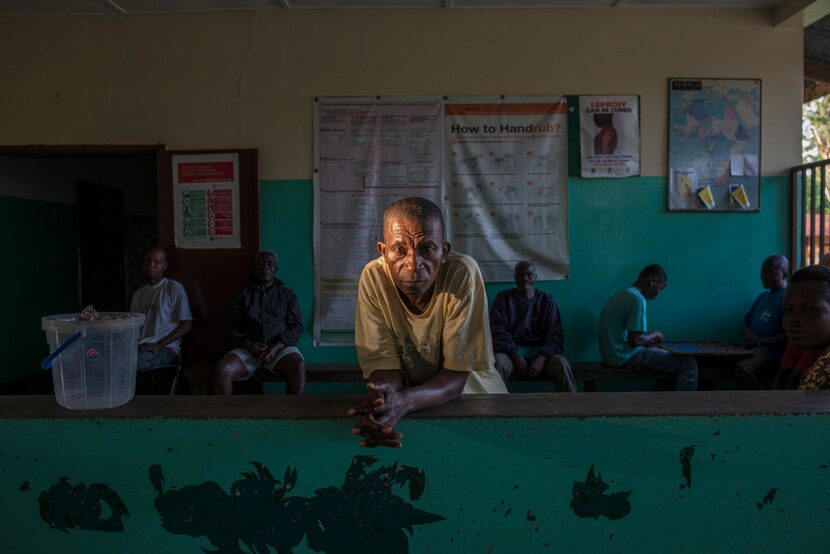 Patients wait for treatment at the Ganta Leprosy and TB Rehab Center in Ganta, Liberia, June...