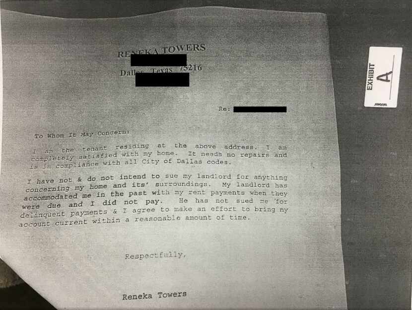  A copy of the letter that Reneka Towers received from Dennis Topletz.