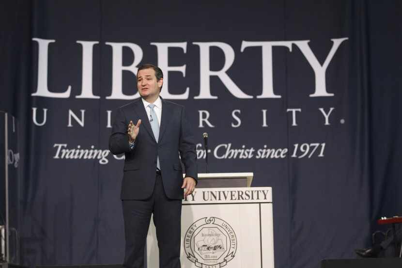  Sen. Ted Cruz speaks in the Convocation Center at Liberty University in Lynchburg, Va., on...
