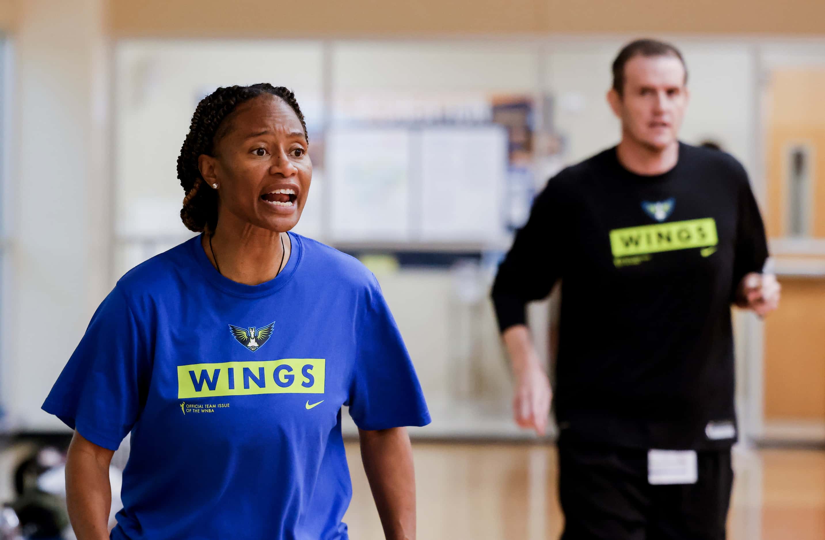 Dallas Wings head coach Vickie Johnson instructs during a training camp practice on Monday,...