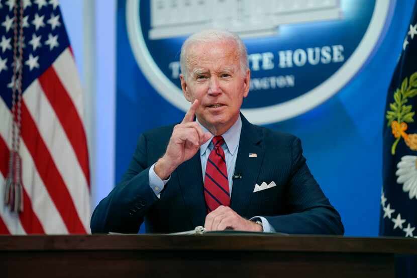 President Joe Biden speaks during a virtual meeting with Democratic governors in the South...