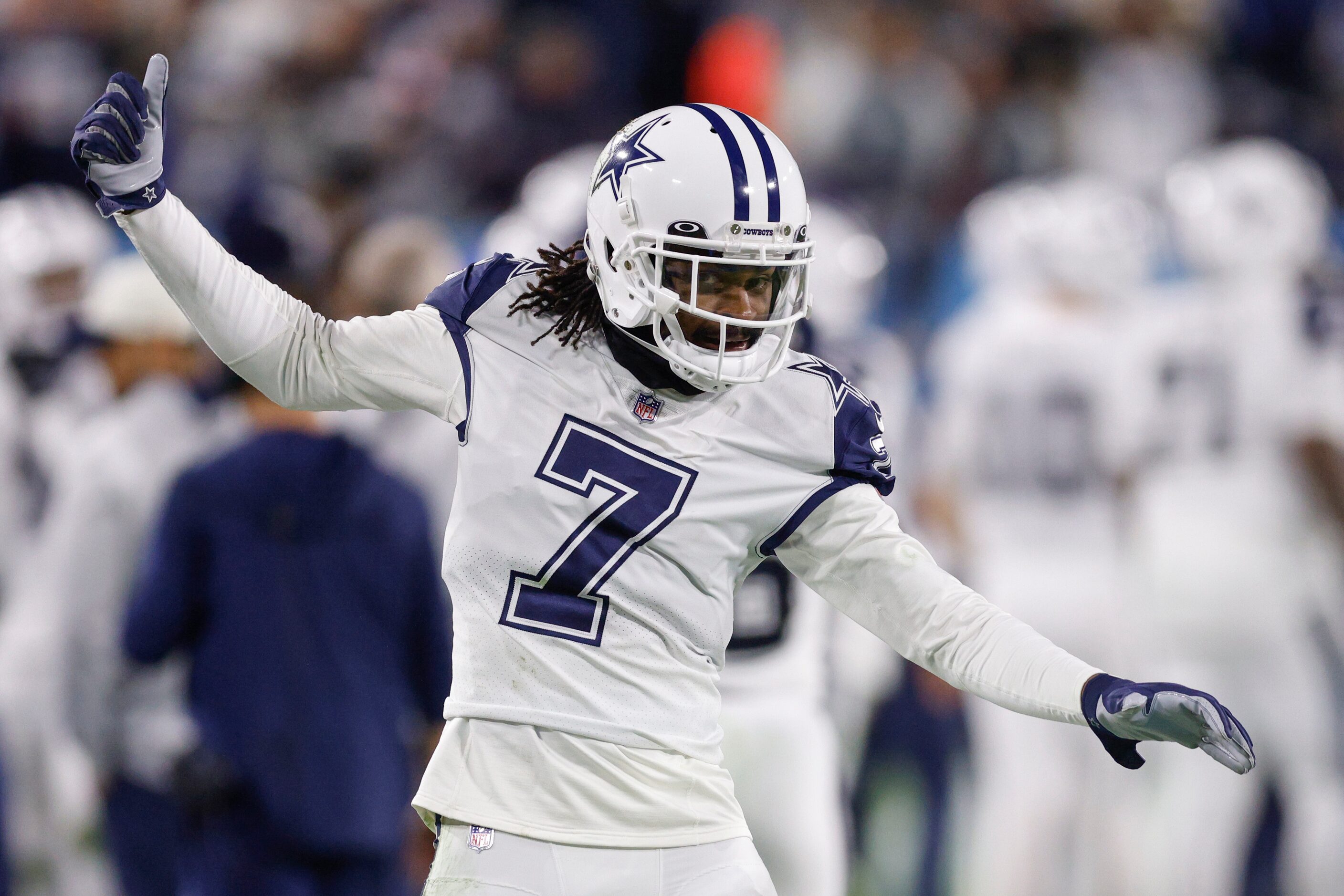 Dallas Cowboys cornerback Trevon Diggs (7) celebrates a turnover by the Tennessee Titans...