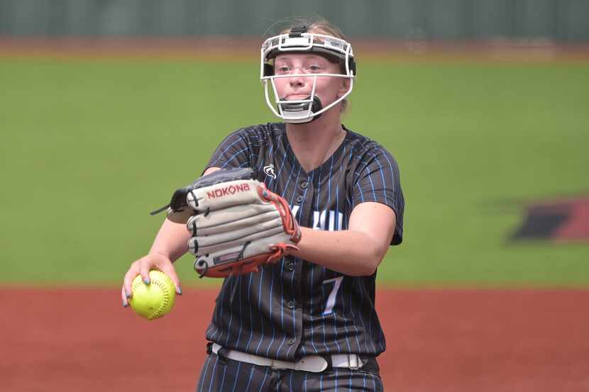 Prosper Rock Hill’s Grace Berlage pitches during Game 3 of the Class 5A Region II semifinal...