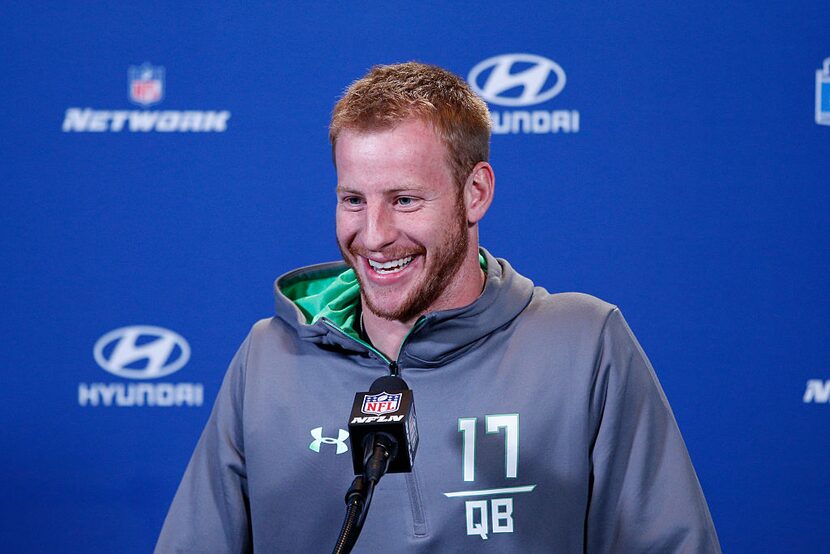 INDIANAPOLIS, IN - FEBRUARY 25: Quarterback Carson Wentz #17 of North Dakota State speaks to...