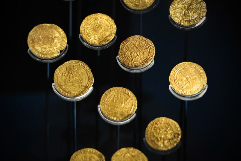 Gold coins found with the wreck of the Tudor warship Mary Rose are on display at the Mary...