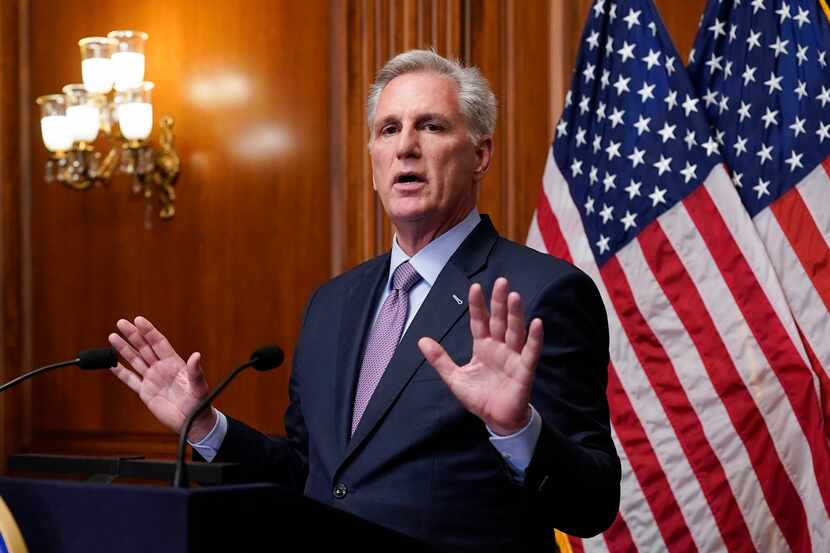 Rep. Kevin McCarthy, R-Calif., speaks to reporters hours after he was ousted as Speaker of...