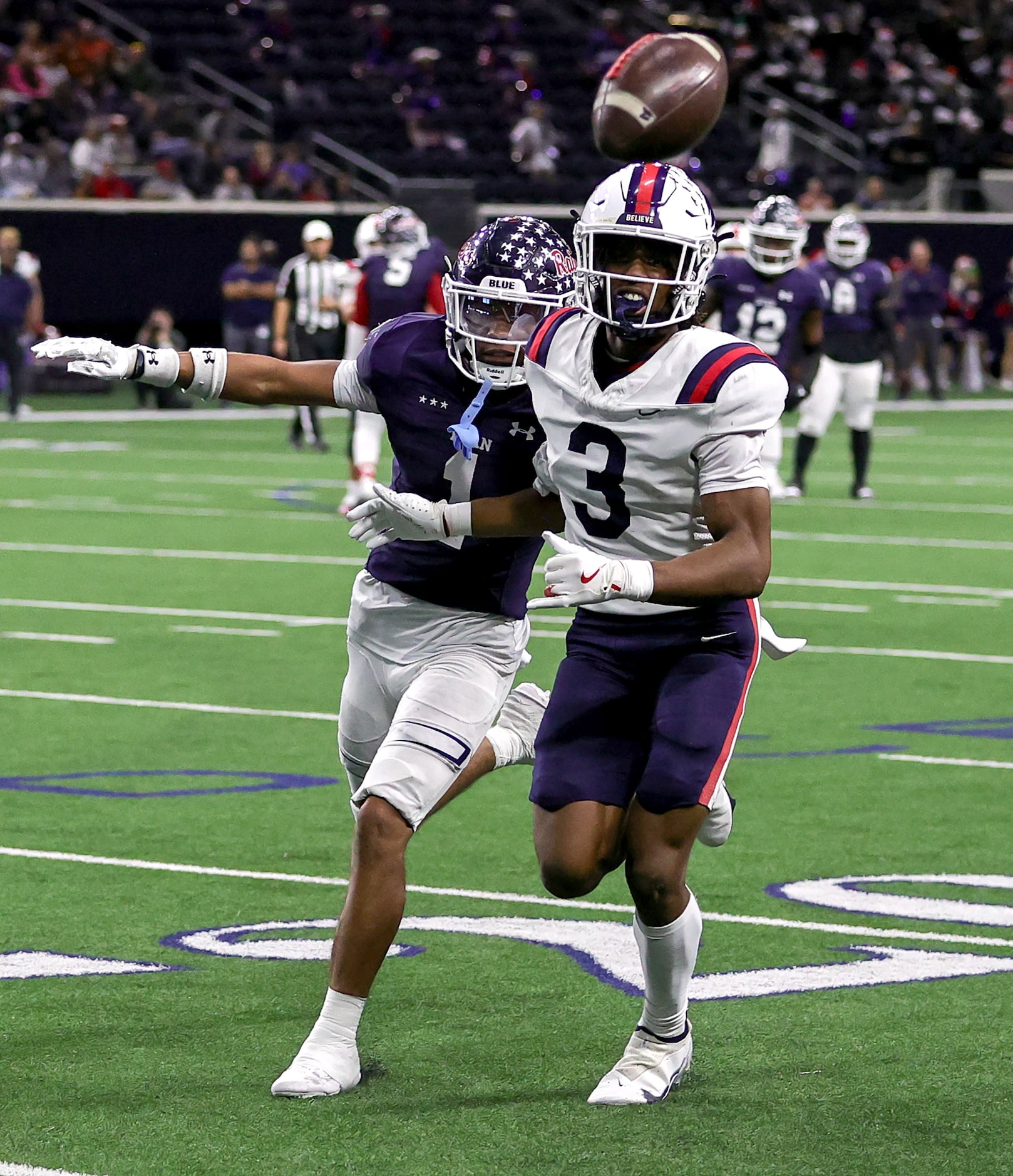 Richland wide receiver wide receiver Evan Smith can't make the reception against Denton Ryan...