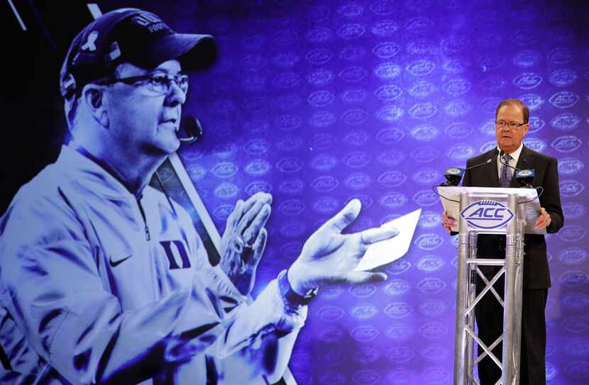 Duke head coach David Cutcliffe answers a question during a news conference at the NCAA...