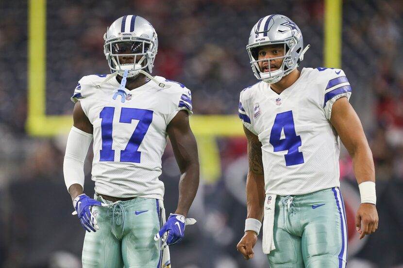 Dallas Cowboys wide receiver Allen Hurns (17) and quarterback Dak Prescott (4) warm up prior...