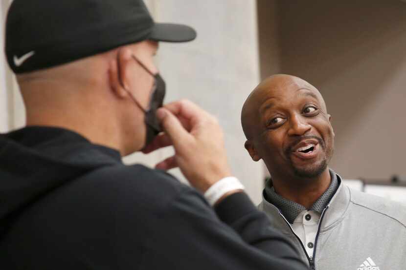 Jason Terry, right, shares a light moment with Dallas Mavericks head coach Jason Kidd. The...