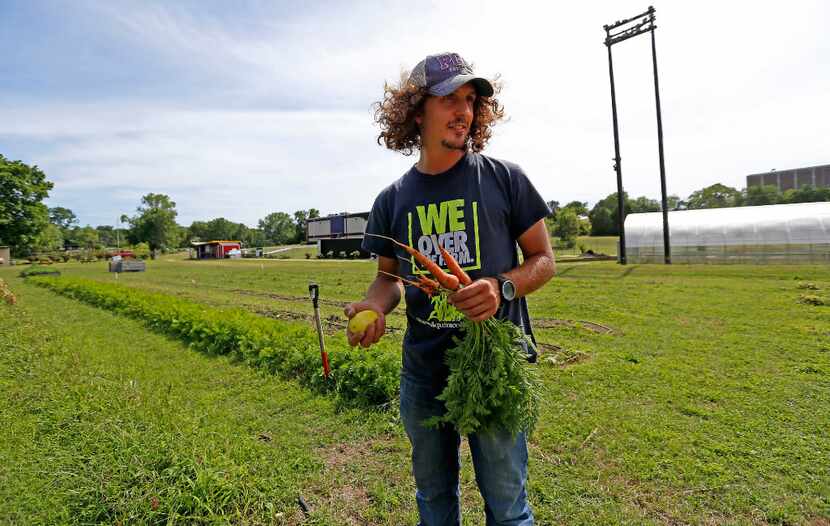 James Hunter works in the the We Over Me farm at Paul Quinn College in Dallas.
