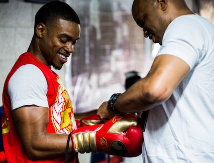 Number one ranked IBF Welterweight contender Errol Spence, Jr. works out with his trainer,...