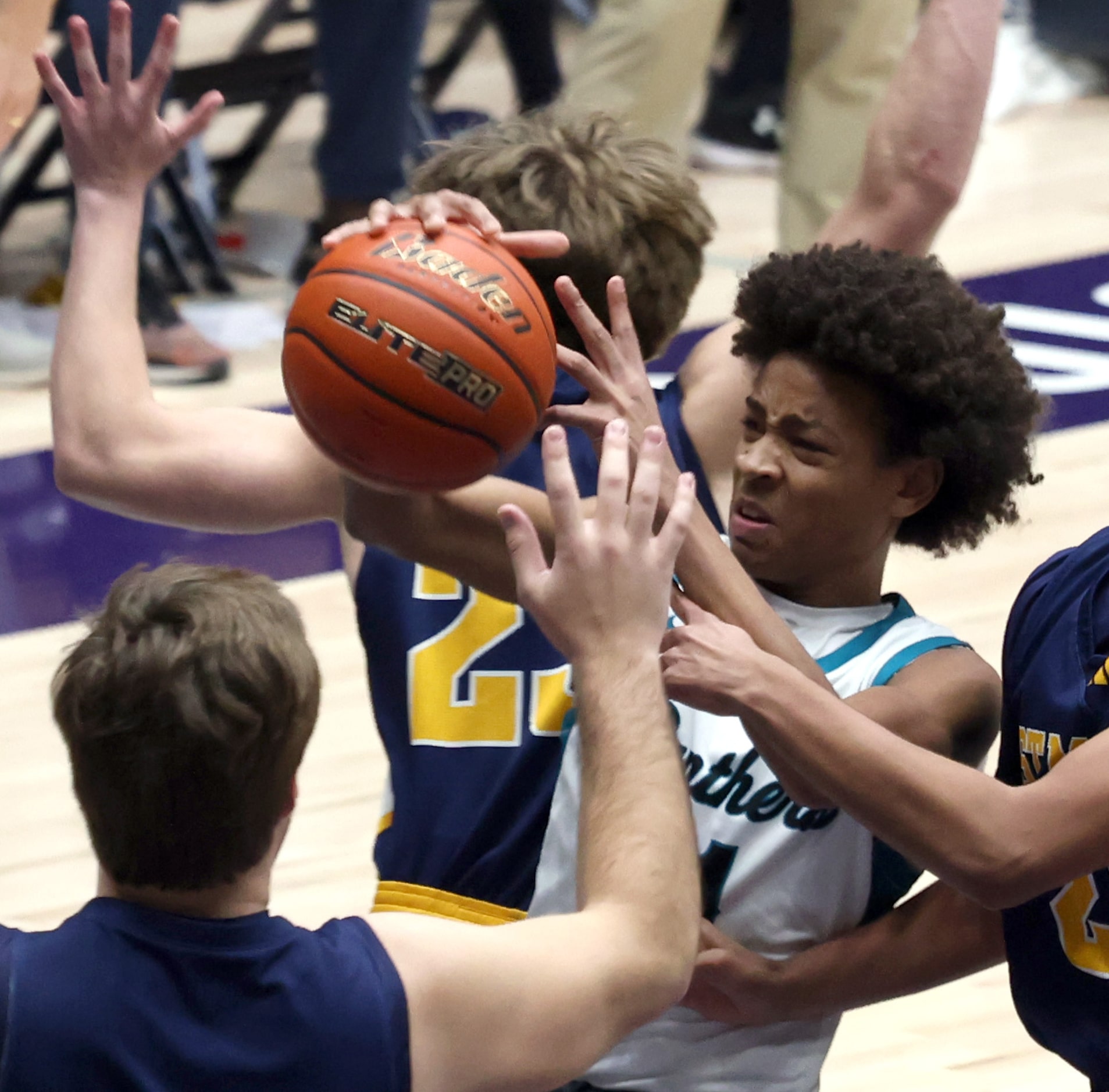 Frisco Panther Creek guard Rodney Wagner (11), center right, ran into a pack of lions...