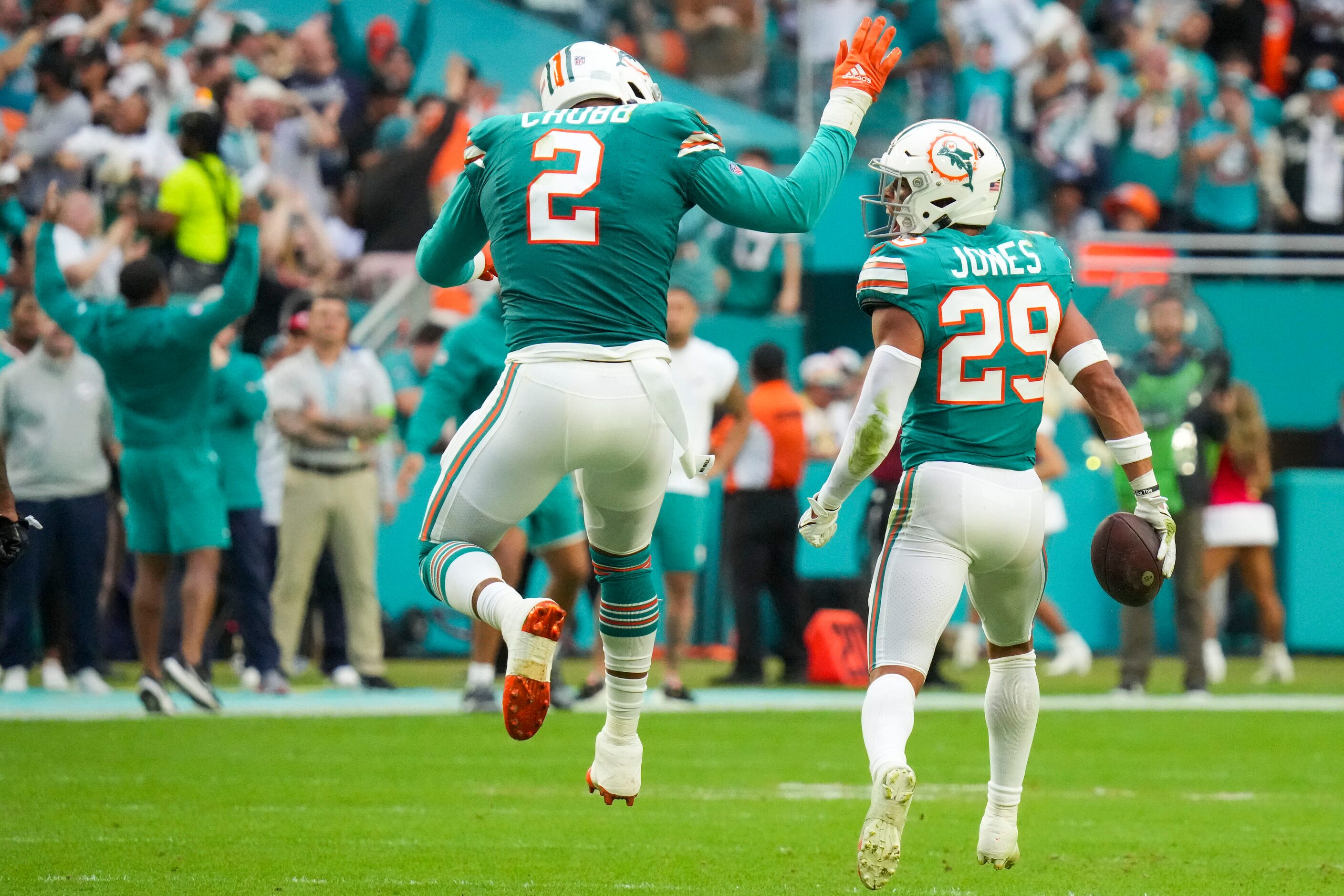 Miami Dolphins safety Brandon Jones (29) celebrates after recovering a fumble by Dallas...