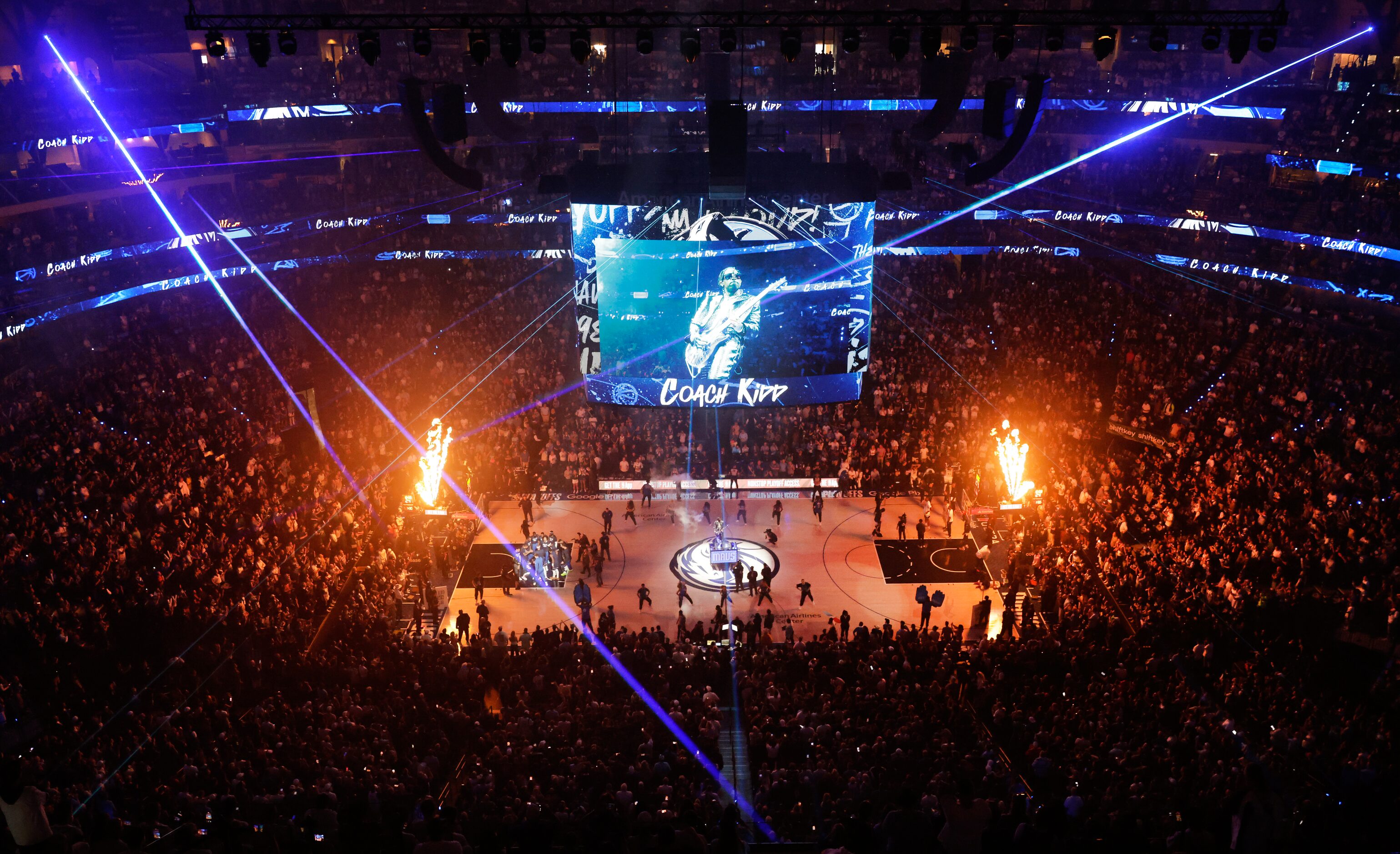 'GuitarSlayer' Justin Lyons performs as Dallas Mavericks players are introduced before Game...