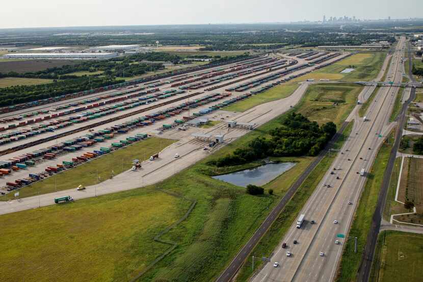 Union Pacific Dallas Intermodal Terminal along IH-45 seen in an aerial view of the...