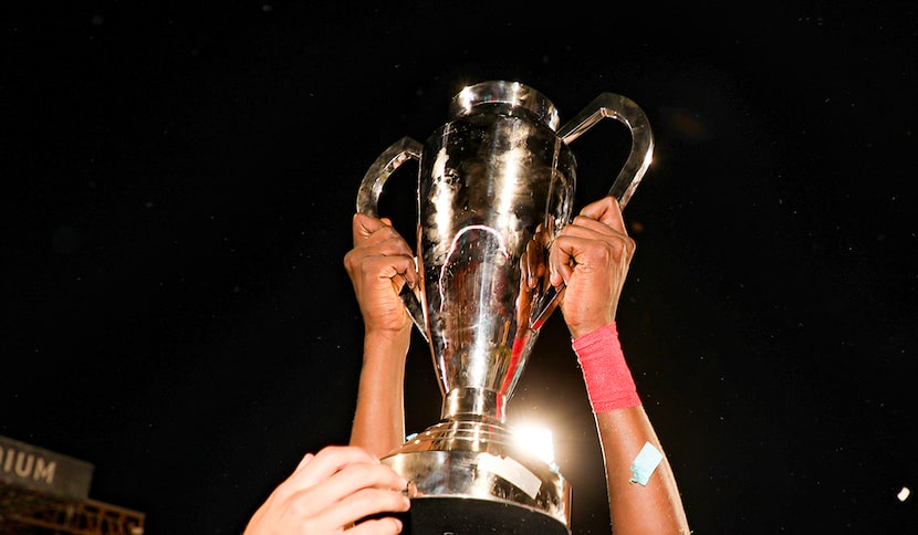 The Championship trophy is hoisted aloft after the USL League One Final won by North Texas...