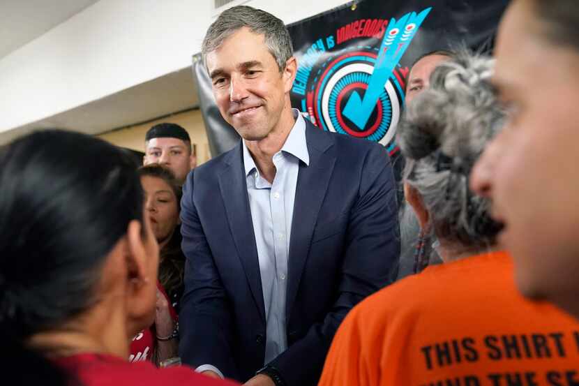 Texas Democratic gubernatorial candidate Beto O'Rourke shakes hands at a Democracy is...