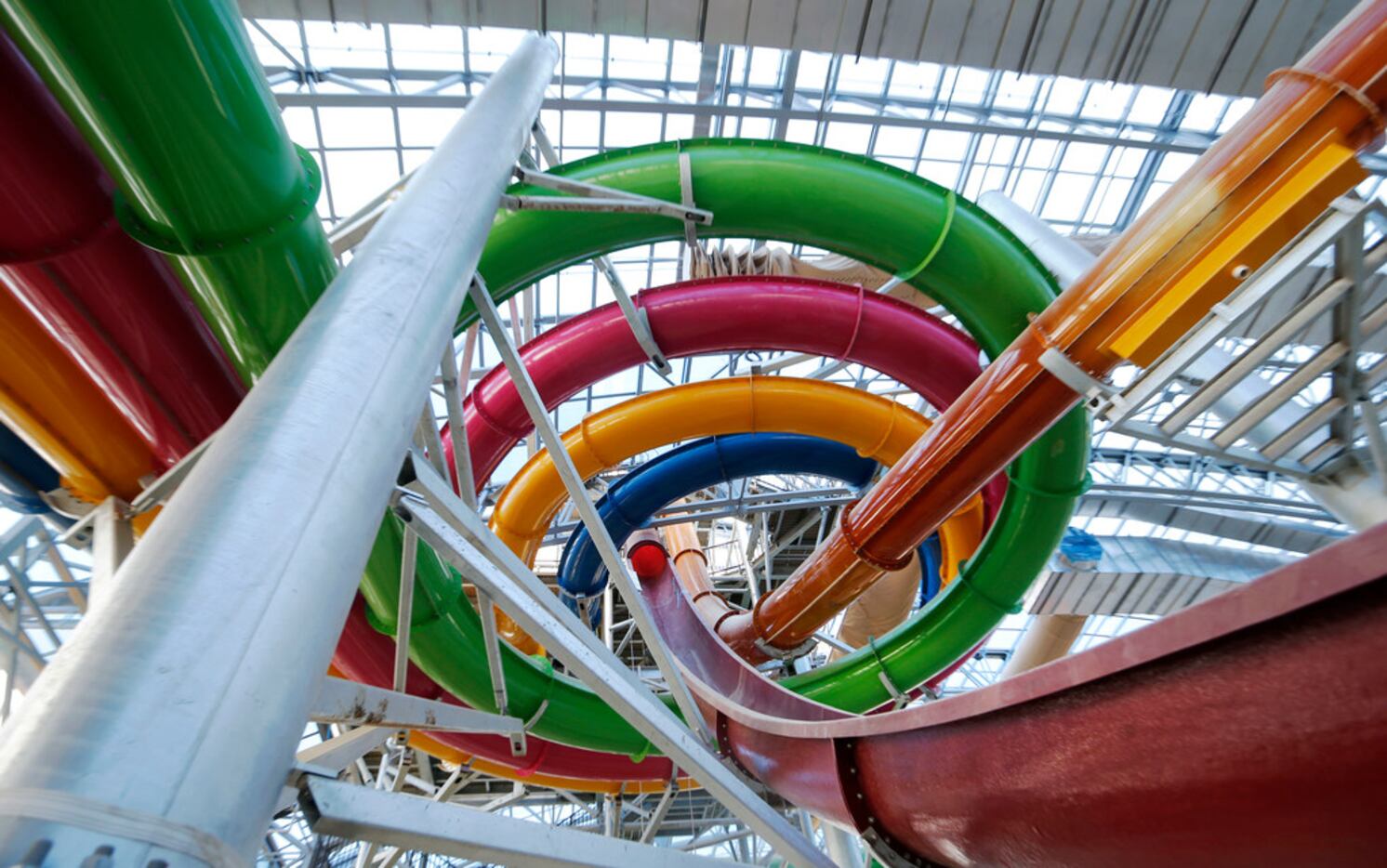 View of some of the nine waterslides during a tour of Epic Waters Indoor Waterpark in Grand...