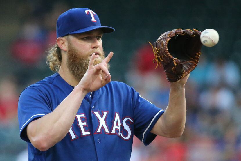 Texas Rangers starting pitcher Andrew Cashner (54) is pictured during the Seattle Mariners...