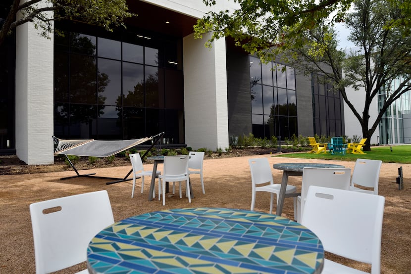 An outdoor community space on the campus of Legacy Central in Plano.