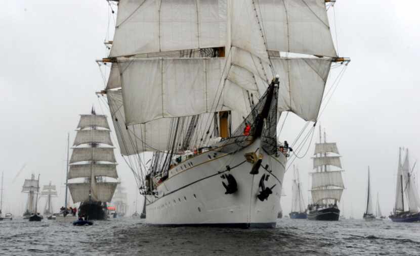 The  German Navy training ship 'Gorch Fock' leads the parade  of tall ships during the Kiel...