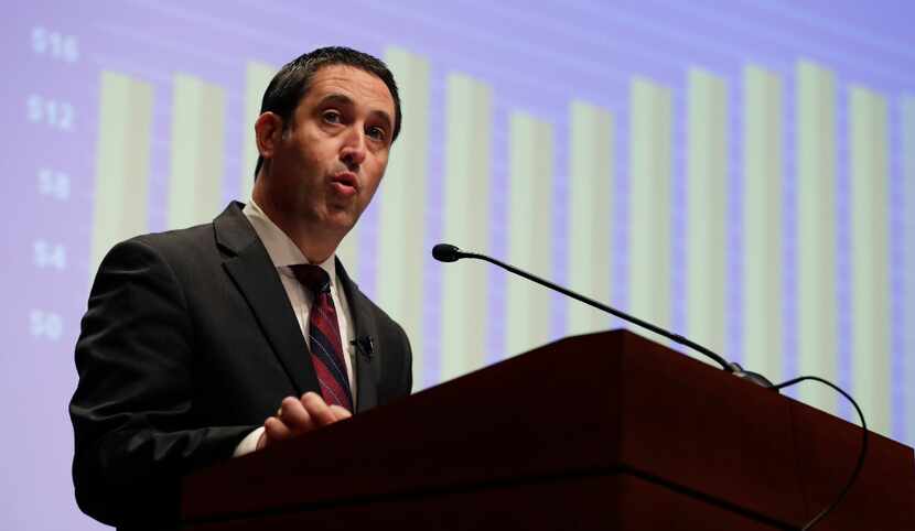 Texas Comptroller Glenn Hegar, shown delivering his revenue estimate earlier this month, is...