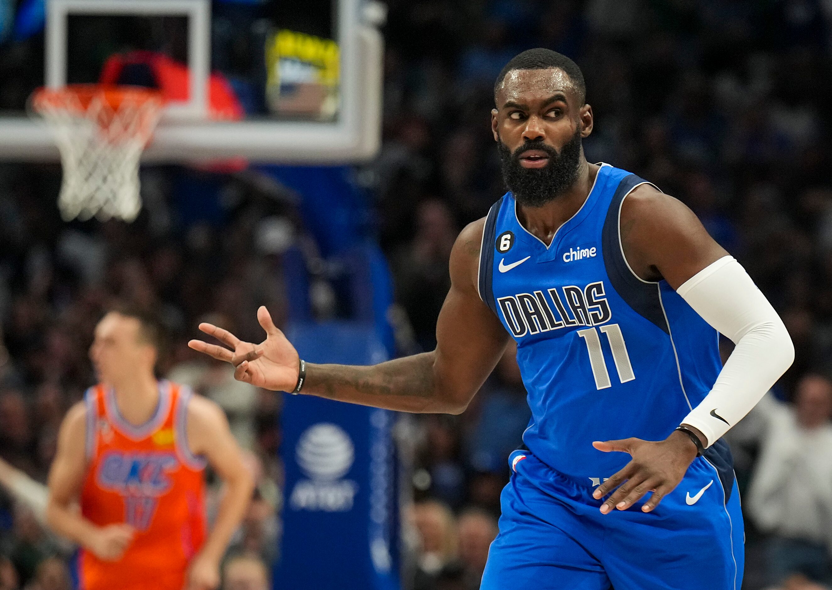 Dallas Mavericks forward Tim Hardaway Jr. (11) celebrates after hitting a 3-pointer during...