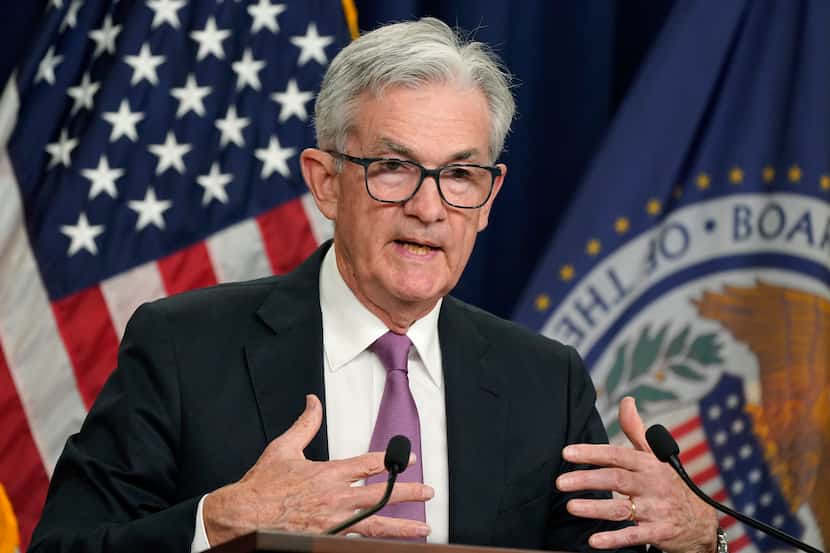 Federal Reserve Chairman Jerome Powell speaks during a news conference at the Federal...