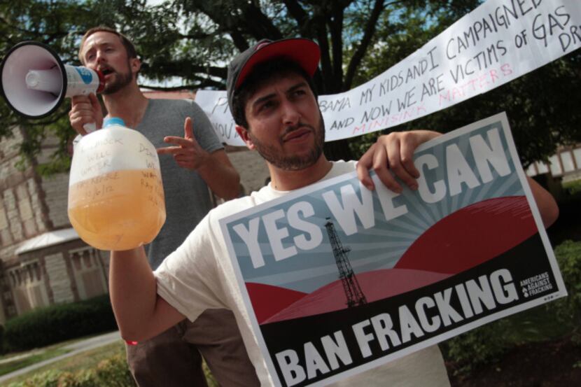 Protesters demonstrated against fracking outside Lackawanna College in Scranton. Pa., on...