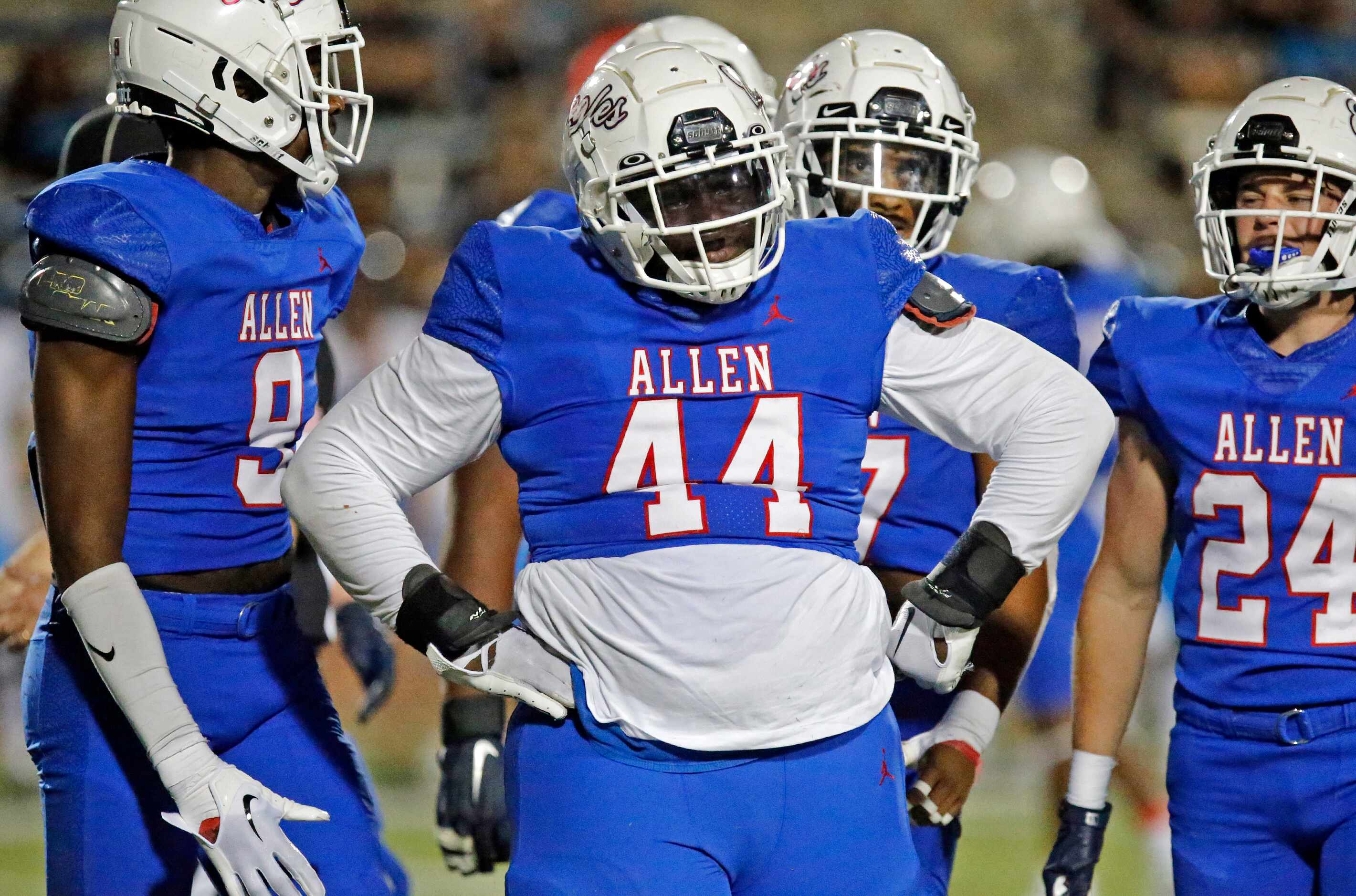 Allen High School defensive lineman Timothy Brantley  (44) celebrates a sack during the...