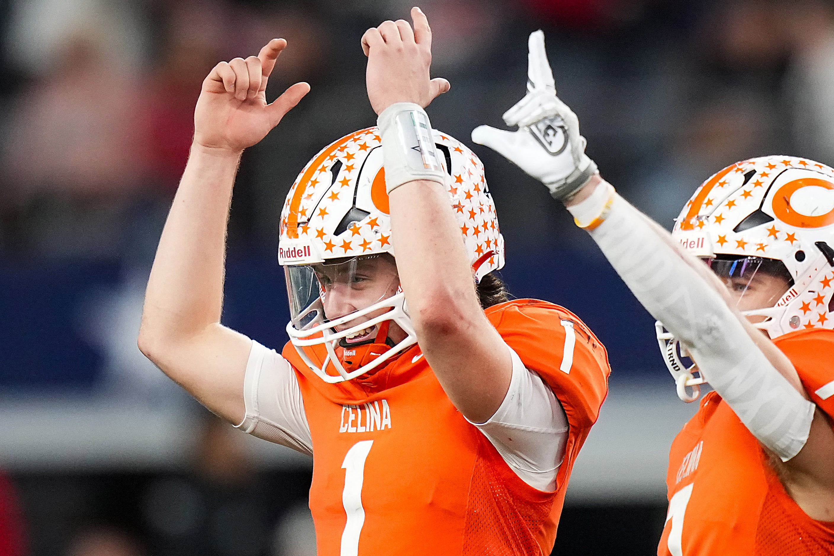 Celina's Bowe Bentley (1) and Harrison Williams (7) celebrates during the final minute of...