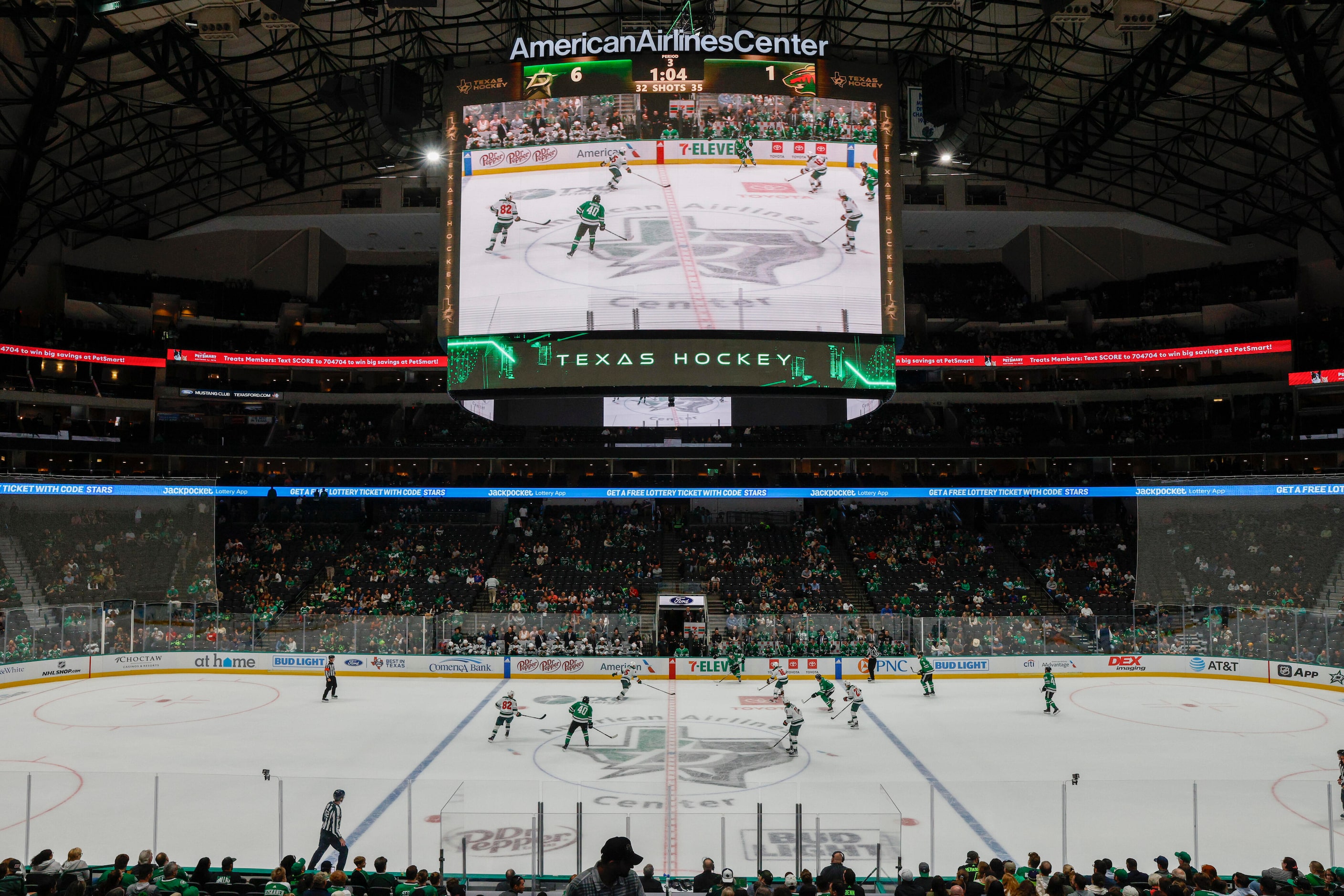 The new American Airlines Center video board is seen during the third period of an NHL...