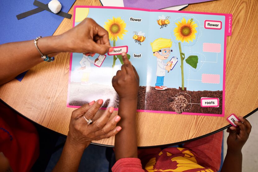 Foster grandparent June Robinson, 75,  works with a student during a class activity at the...