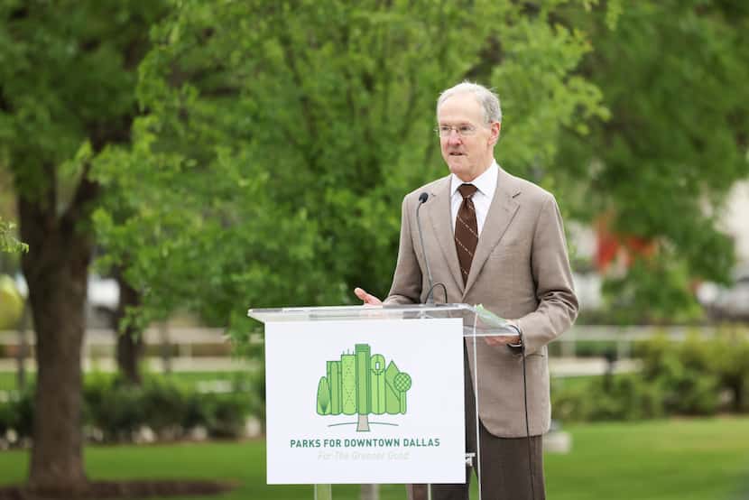 Parks for Downtown Dallas chairman Robert Decherd, shown speaking in 2022 at the opening of...