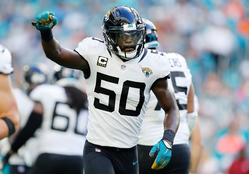 MIAMI, FLORIDA - DECEMBER 23:  Telvin Smith #50 of the Jacksonville Jaguars celebrates after...