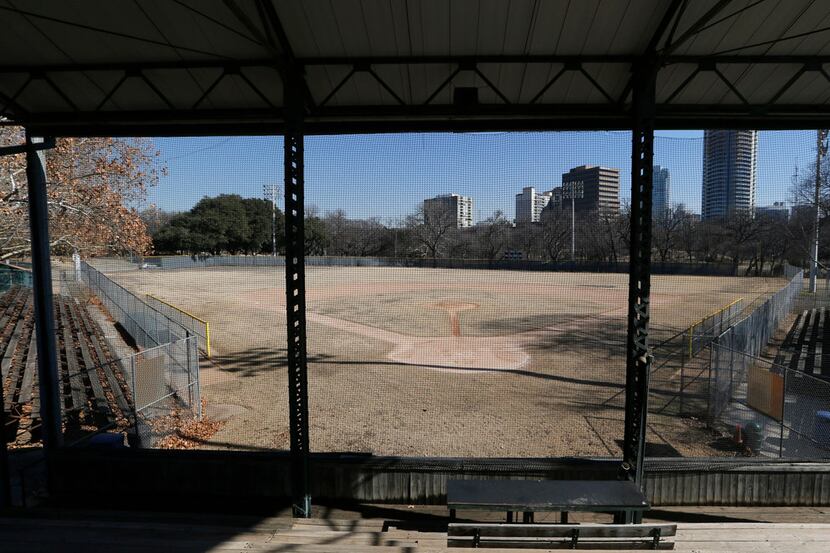 Last winter, Reverchon Park's ballfield, as seen from the historic grandstand, showed its...