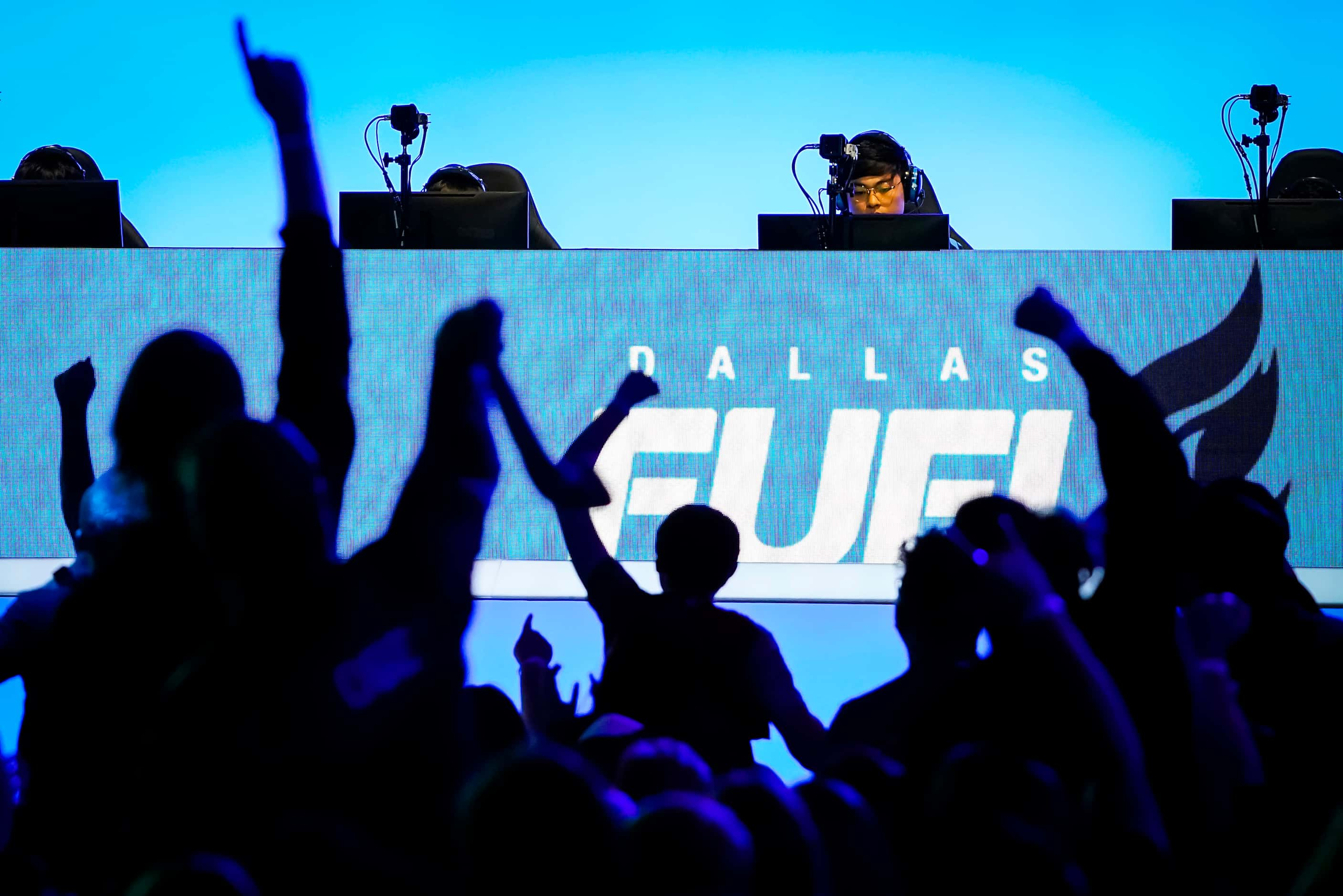 Fans cheer as Noh "Gamsu" Youngjin of the Dallas Fuel (center) and his teammates compete in...