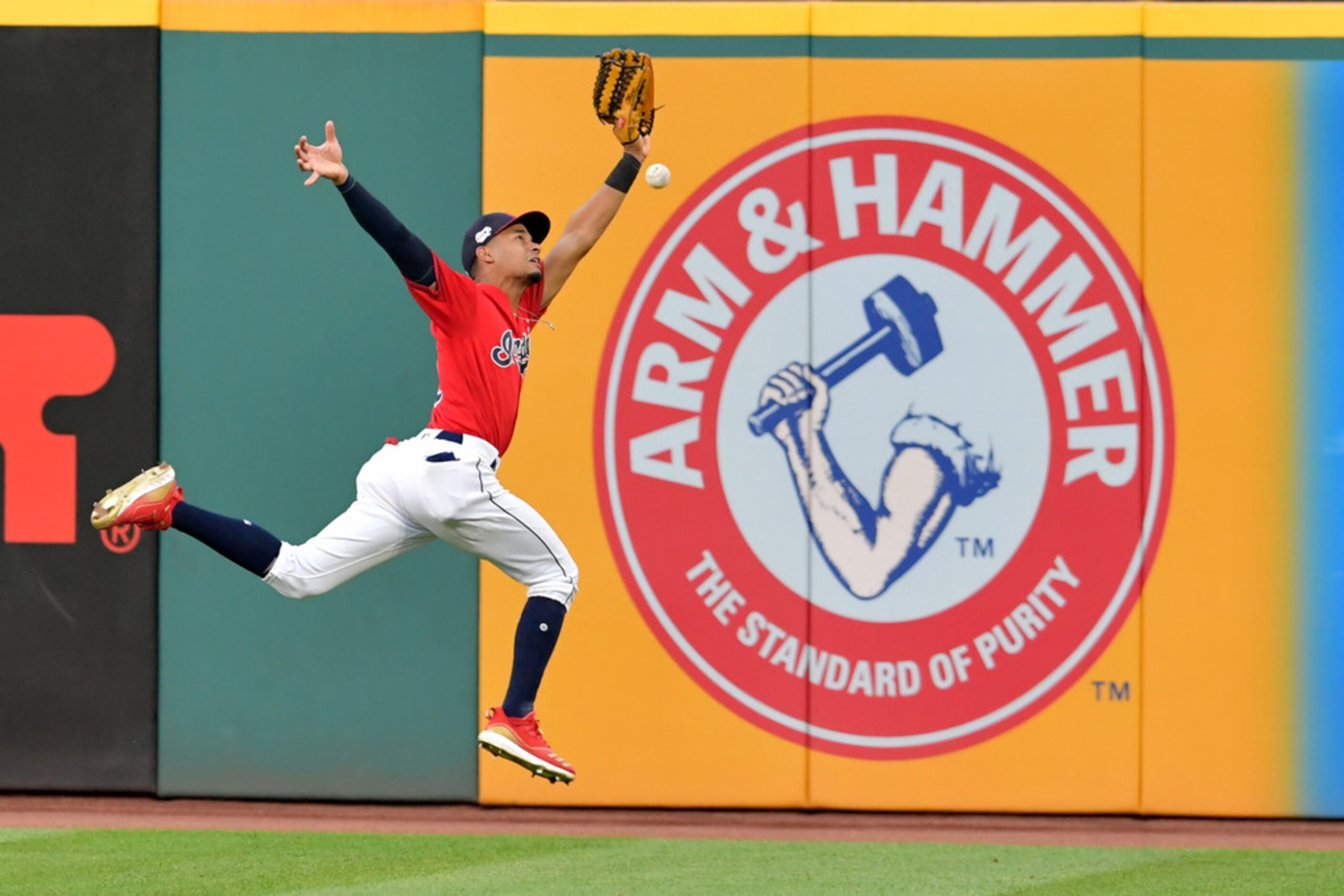 CLEVELAND, OHIO - AUGUST 05: Center fielder Oscar Mercado #35 of the Cleveland Indians...