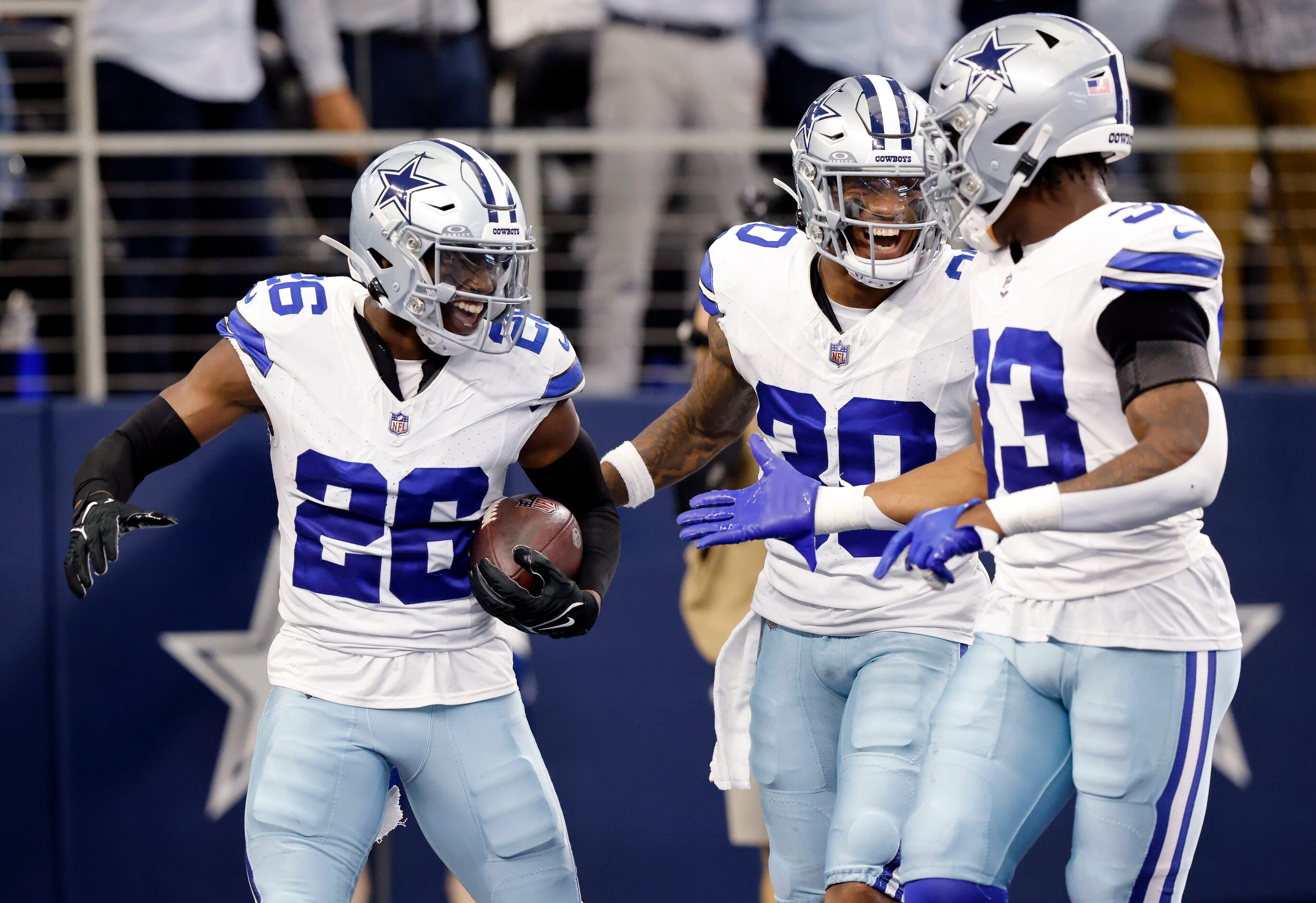 Dallas Cowboys cornerback DaRon Bland (26) celebrates a second quarter touchdown with safety...