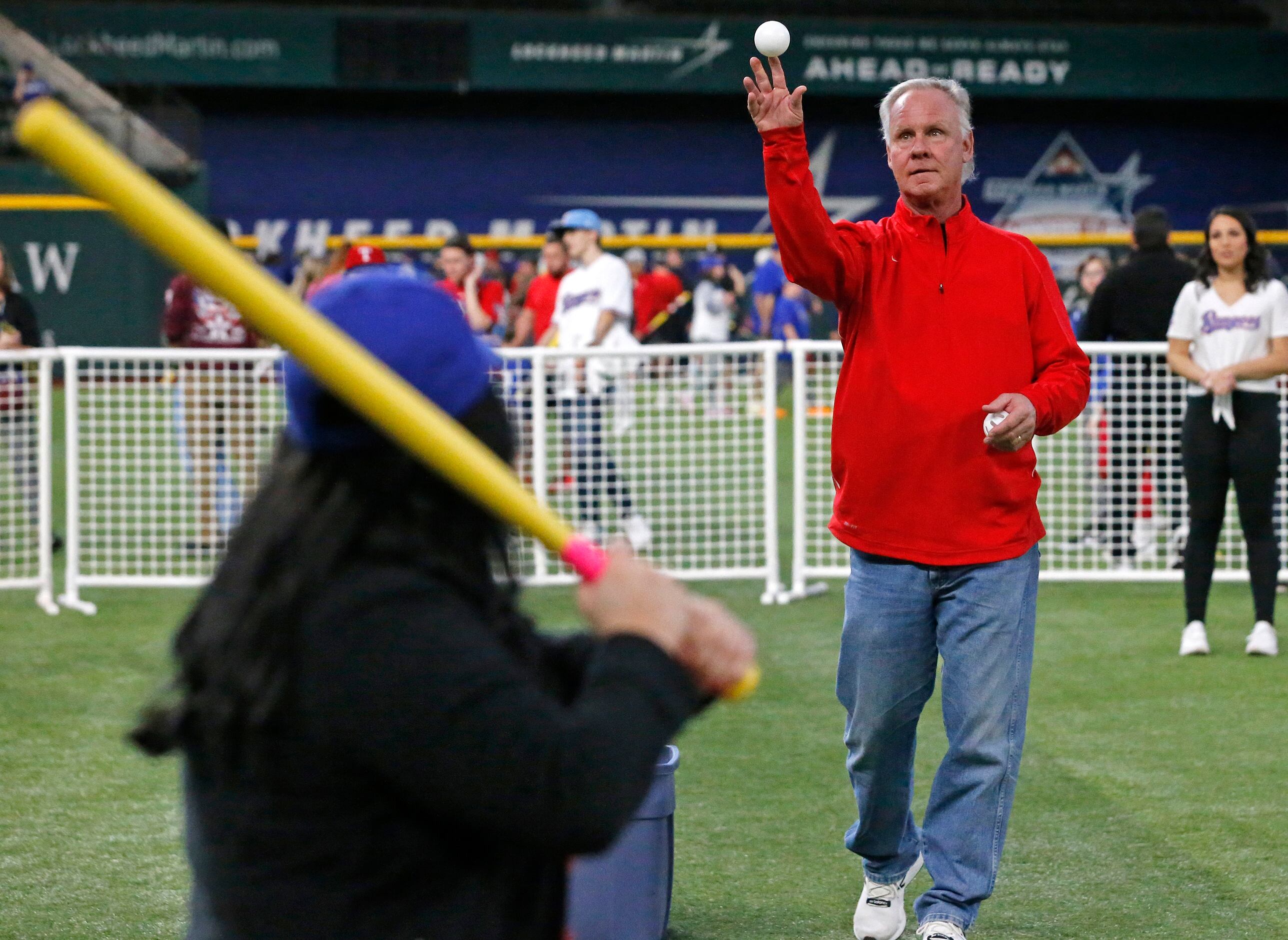 Former Texas Rangers third baseman Steve Buechele was on hand to pitche wiffle balls to fans...