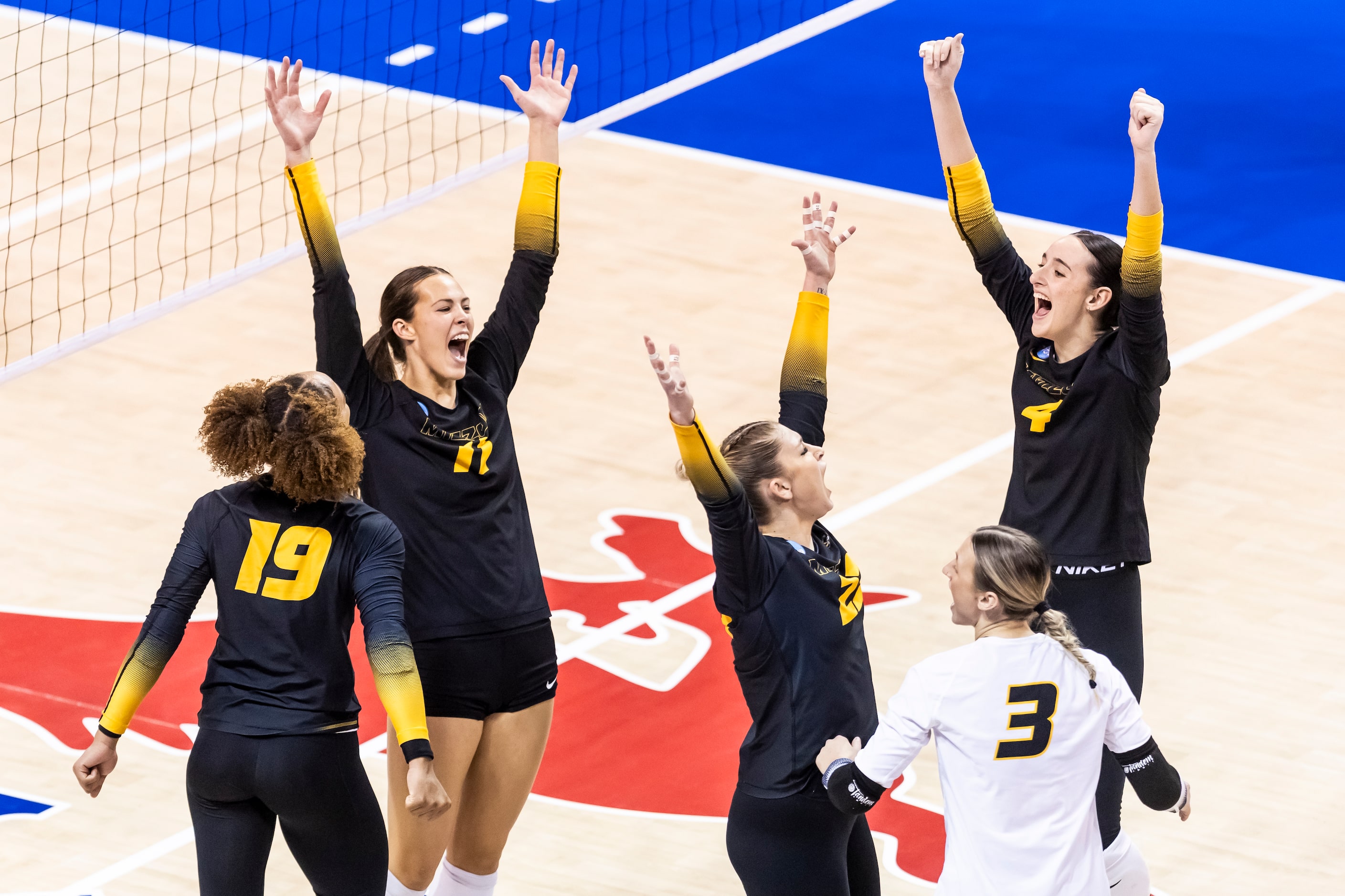 Missouri celebrates a point during an NCAA college volleyball game against SMU at SMU in...