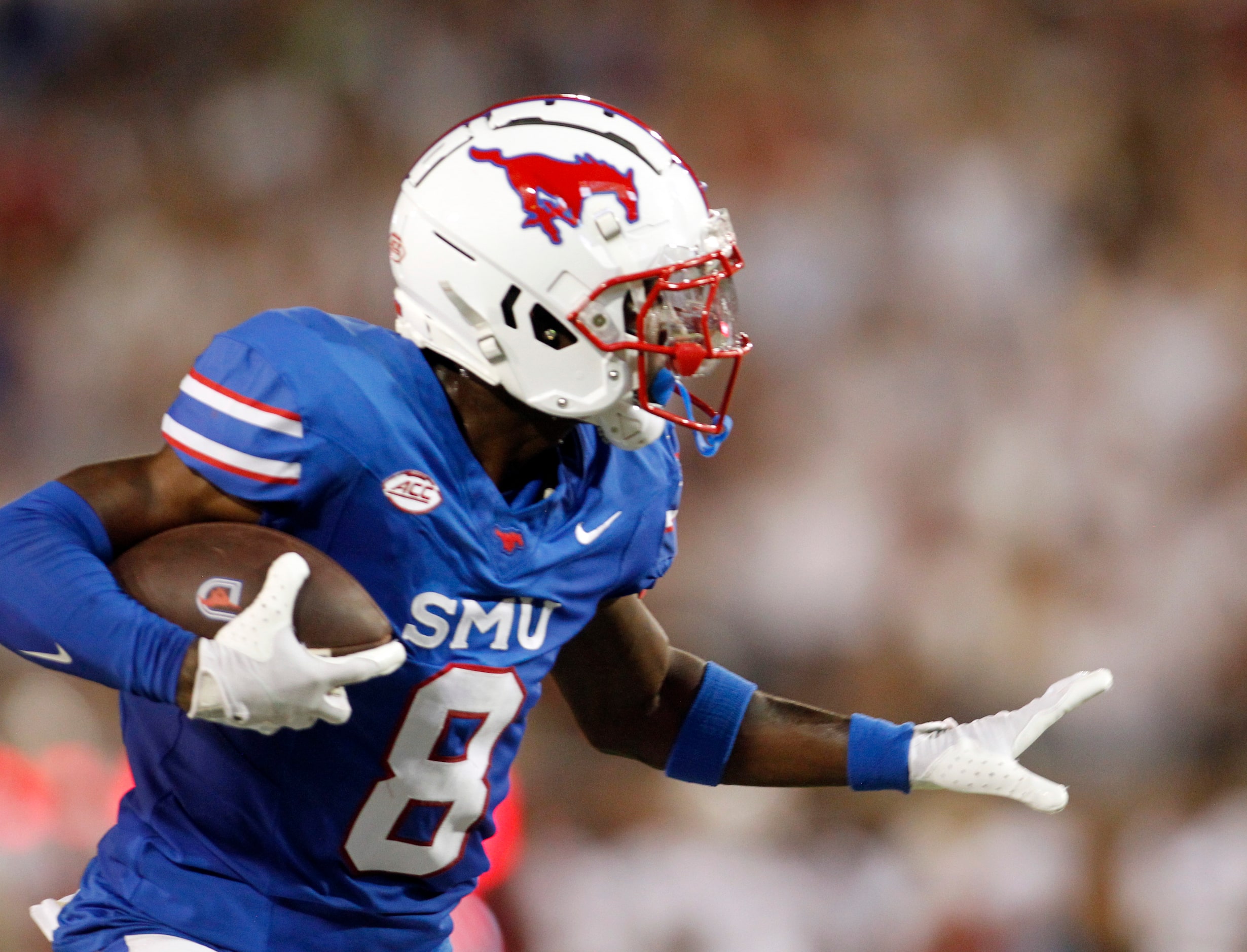 Southern Methodist University receiver Jordan Hudson (8) pulls in a touchdown reception...