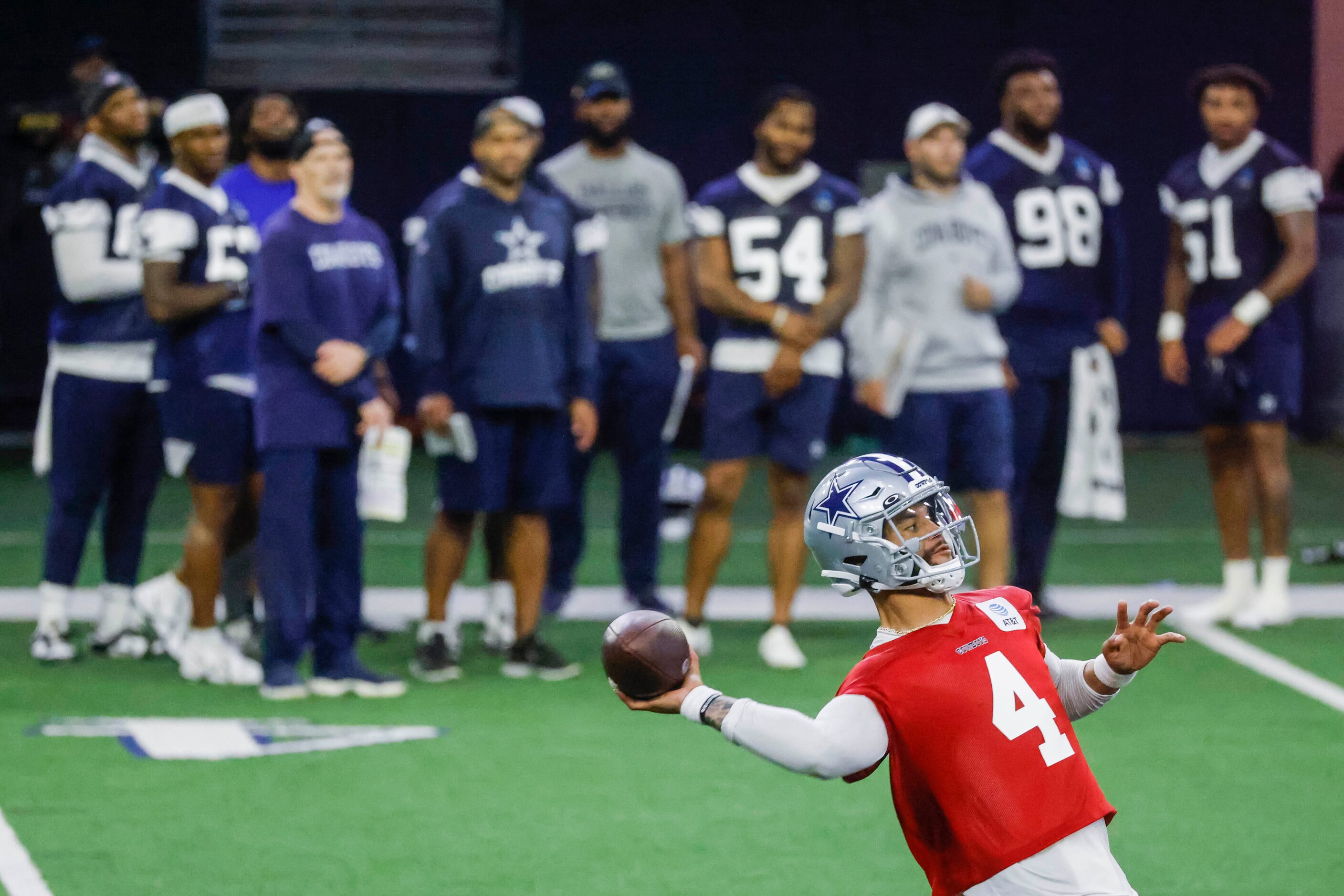 Dallas Cowboys quarterback Dak Prescott throws during OTA practice on Thursday, May 25, 2023...