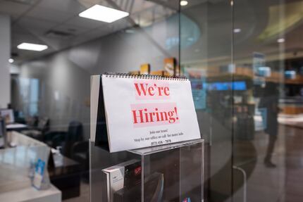 "We're hiring" sign at LensCrafters in Galleria Dallas. 
