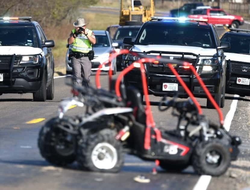 A damaged go-kart is shown at the scene of an accident in which it was hit by an SUV in...