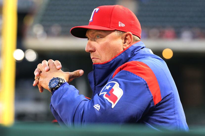 Texas Rangers manager Jeff Banister (28) is pictured in the dugout during the Los Angeles...