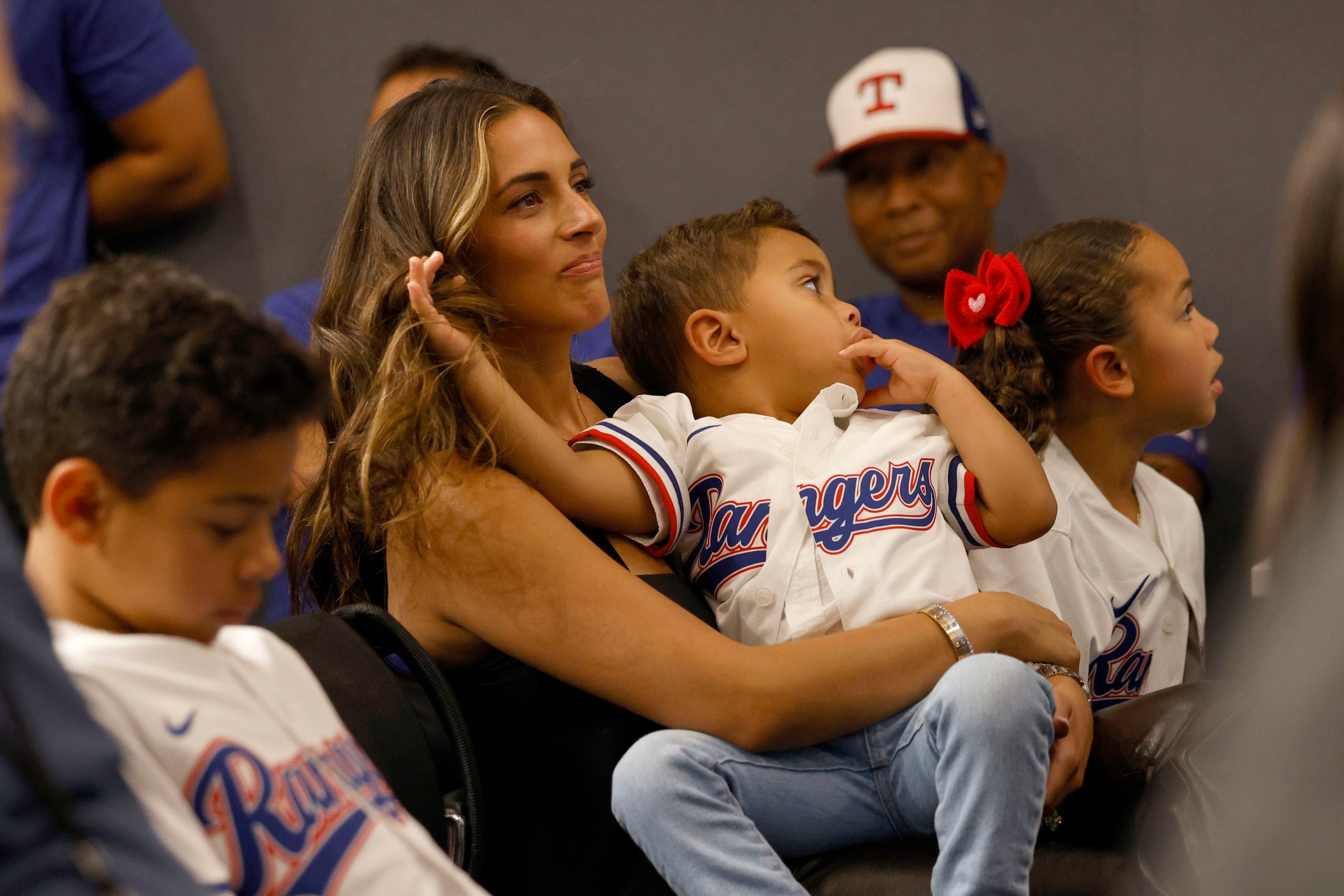 Elvis Andrus’ wife Cori Andrus and children, Elvis Emilio, Michael and Lucía attend a news...