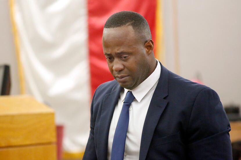 Mesquite police officer Derick Wiley returns to his seat after being cross-examined on the...